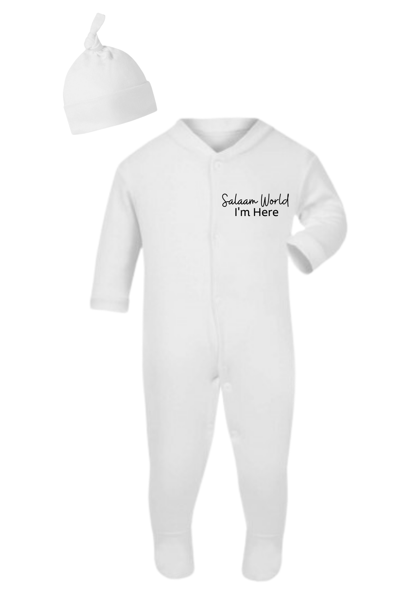 Baby sleep suit "Salaam world, I'm here" with hat (Pre-Order)