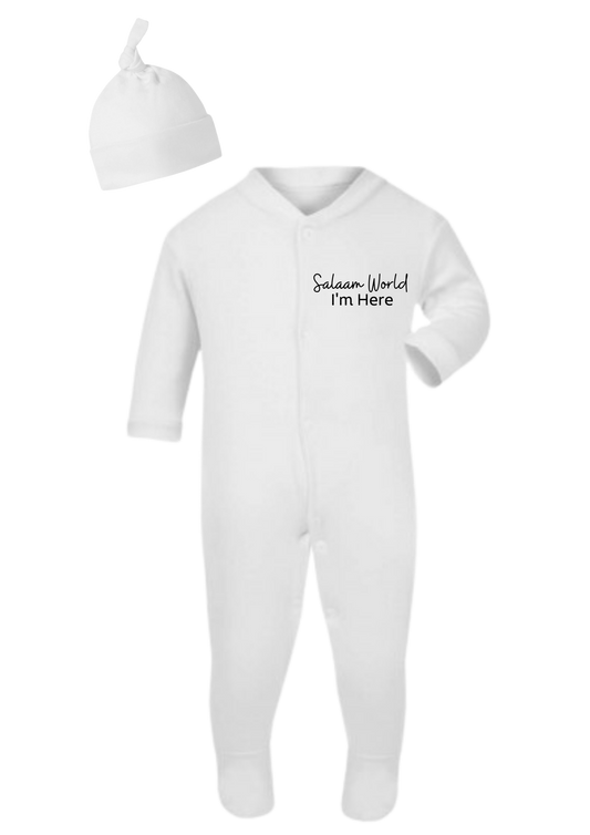 Baby sleep suit "Salaam world, I'm here" with hat (Pre-Order)