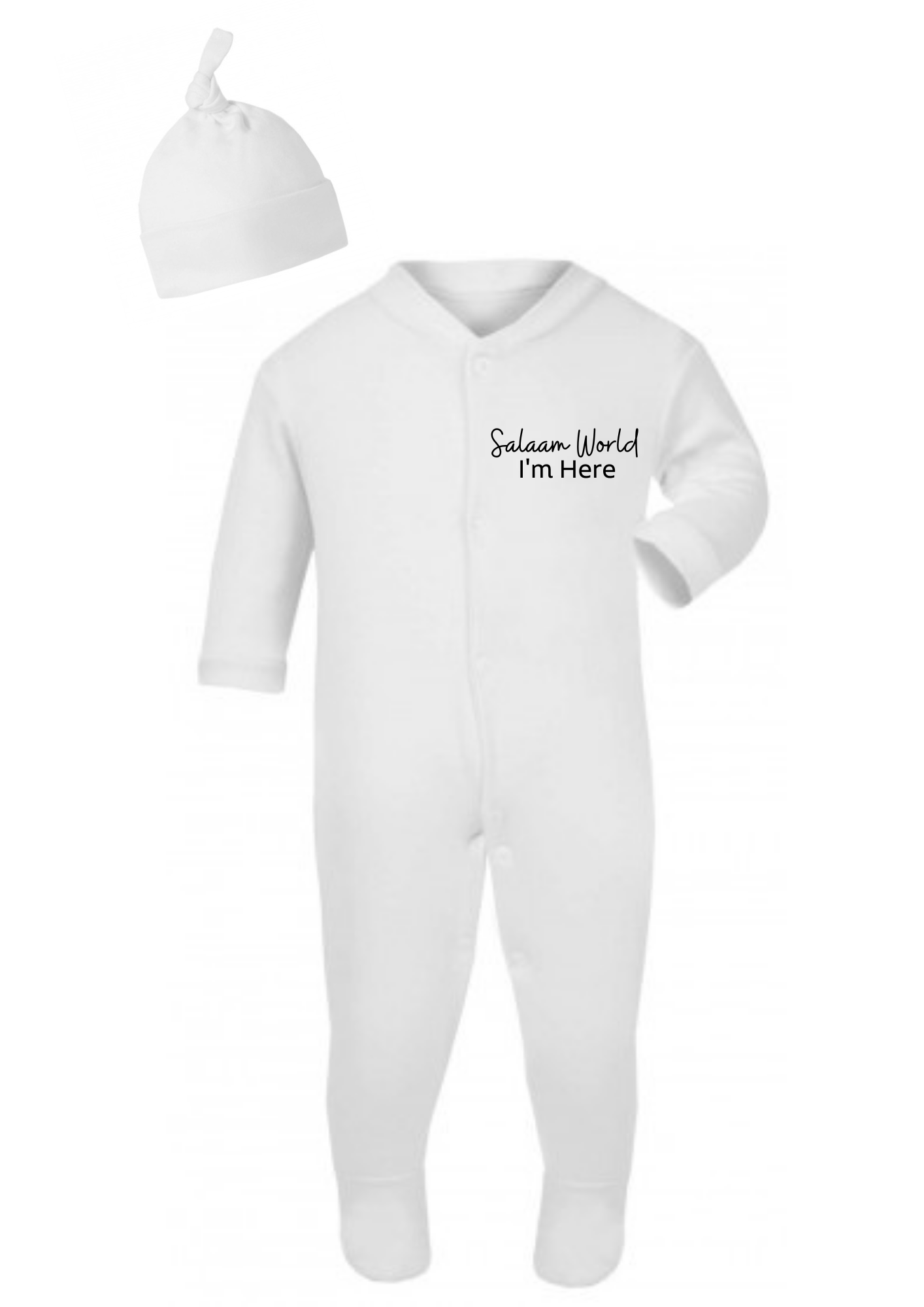 Baby sleep suit "Salaam world, I'm here" with hat (Pre-Order)